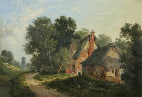 John Berney Ladbrooke, Thatched Farm Buildings by a Woodland Path