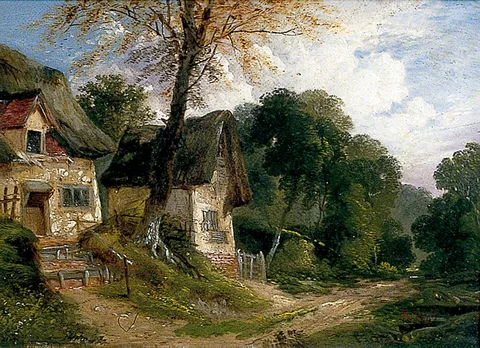 John Berney Ladbrooke, Thatched Cottages by a Woodland Track