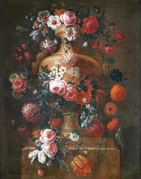 Peter Frans Casteels, Roses, tulips, convulvus, narcissi and other flowers in an urn, on a stone ledge