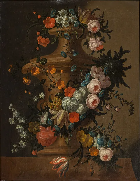 Peter Frans Casteels, Garden vase surrounded by a garland of various flowers