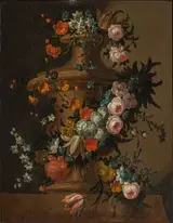 Peter Frans Casteels, Garden vase surrounded by a garland of various flowers