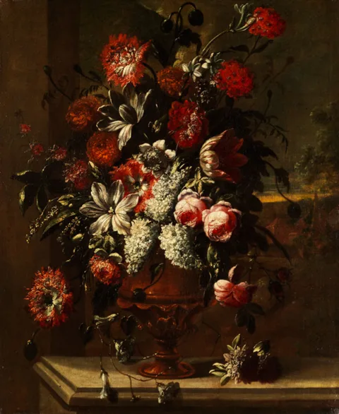 Peter Frans Casteels, Flowers in an urn on a stone ledge