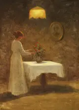 Poul Friis Nybo, Interior with a woman arranging a bouquet of red flowers on a table.
