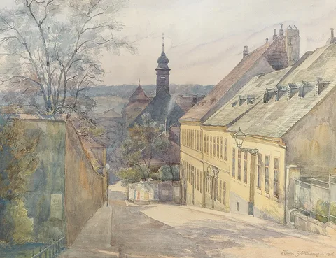 Hans Götzinger, A view of Diesterweggasse and St. Rochus chapel in Penzing