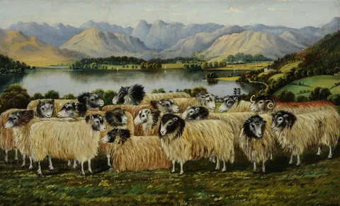 William Taylor Longmire, View of Windermere and Langdale Pikes from Low Wood, with a Flock of Seventeen Herdwick Sheep
