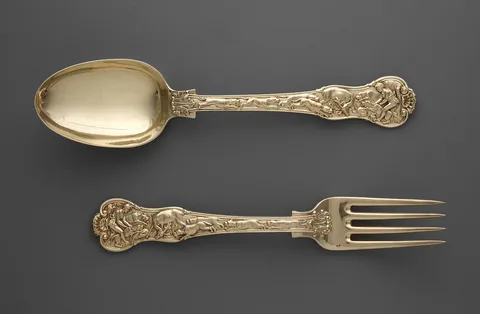 Paul Storr, Dessert Fork and Spoon with Hunt Scenes