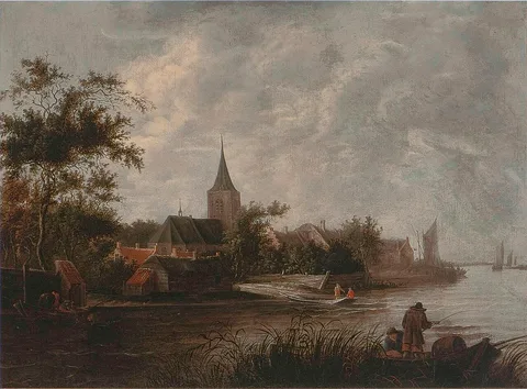 Pieter Cosijn, River landscape with a view of a town, with a ferry and fishermen in a rowing boat