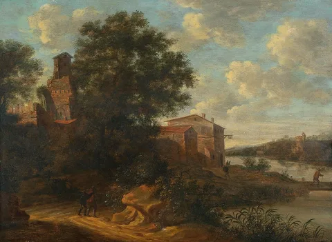 Pieter Cosijn, A river landscape / Italianate river landscape with ruins and figures
