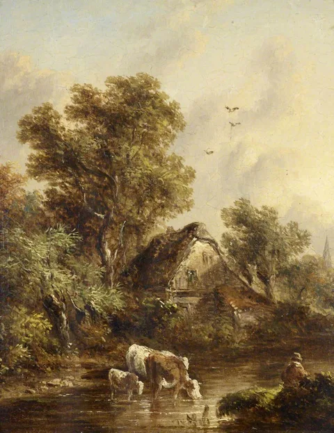 Richard H. Hilder, Cows watering by a Cottage among Trees