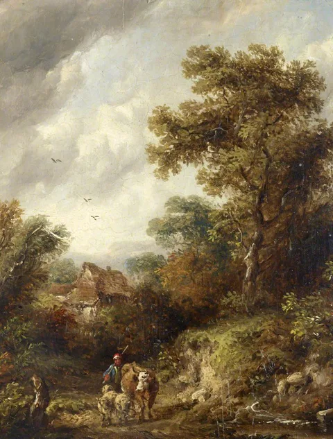 Richard H. Hilder, A Country Lane with Herdsman, Cow and Sheep
