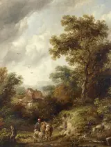 Richard H. Hilder, A Country Lane with Herdsman, Cow and Sheep