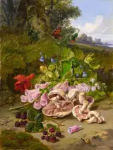 John Wainwright, Still Life with Fruit and Flowers in a Landscape