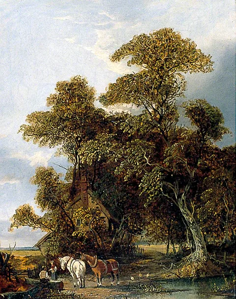 Joseph Paul, Cottage Landscape with Figures and Horses by a Pond