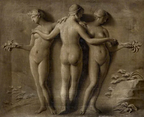 Louis Gabriel Blanchet, The Three Graces (Grisaille Paintings of Classical Statuary: a set of eight reproductions of celebrated antiques with the addition of niches, pedestals, classical masonry, trees, etc.)
