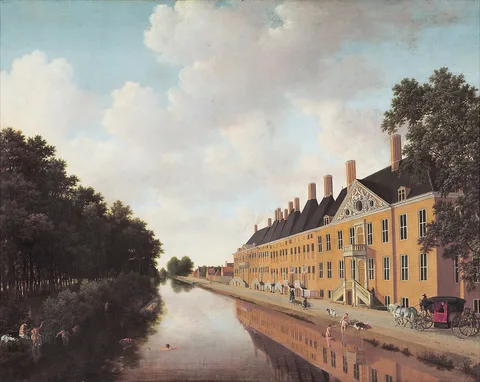 Ludolf de Jongh, View of the Prinsessegracht canal in The Hague, seen in the direction of Bezoudenhout bridge; in the foreground on the right the House to the Boschkant and left the Koekamp