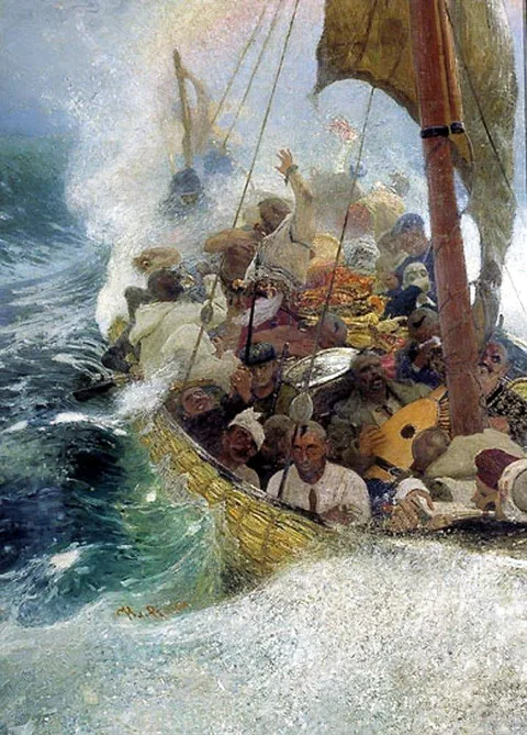 Ilja Repin, Cossacks on the Black Sea. Zaporozhian Cossacks in a "chaika" boat during a storm