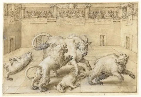 Jan van der Straet, Gevecht in een arena tussen een stier, leeuw, beer en twee wolven