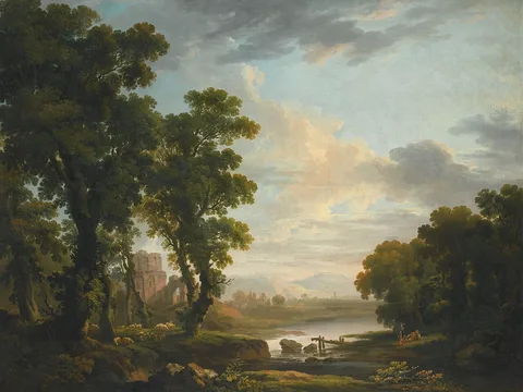 George Barrett, An extensive wooded river landscape with shepherds recicling in the foreground and ruins beyond