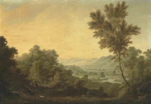 George Barrett, A mountainous river landscape with hunters carrying a dear