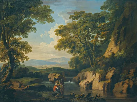 George Barrett, A mountainous wooded landscape with figures by a river in the foreground