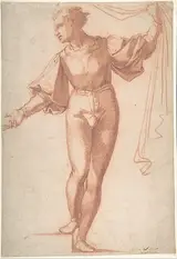 Baccio Bandinelli, Study for a Standing Young Man, Raising a Curtain and Looking at Left