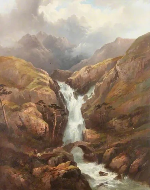 Edward Train, A Mountain Scene with a Waterfall