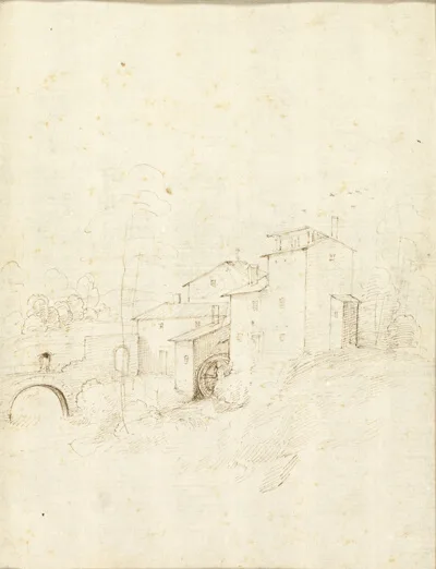 Fra Bartolomeo, Watermill with Figures on an Arched Bridge