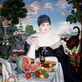 Boris Kustodiev, Merchant wife at tea by B.Kustodiev