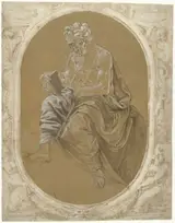 Lorenzo di Credi, Studie voor een lezende apostel of evangelist, geplakt in een omlijsting met putti met cartouches en vrouwengestalten met festoenen