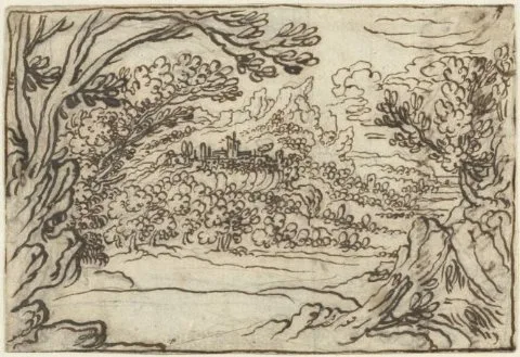 Cigoli, Landschap met vergezicht naar een vestingstadje op een bergplateau