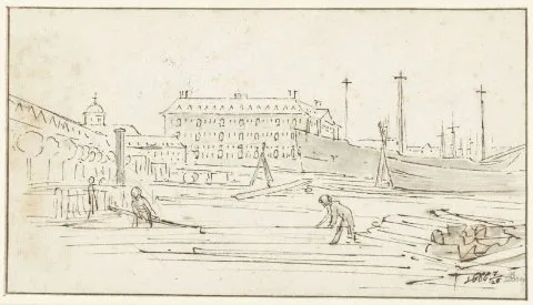 Jan de Bray, View of the National Sea Arsenal from the North, and a Shipyard in Amsterdam