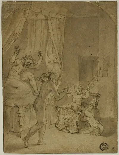 Prospero Fontana, The Infant Hercules Strangling Serpents in His Cradle (recto); Crowned Woman Kneeling in Landscape, and Other Sketches (verso)