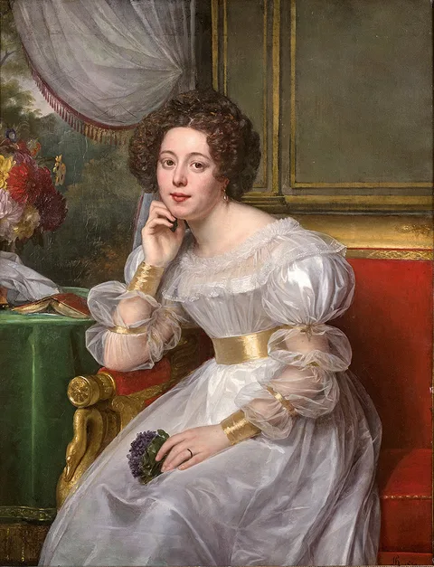 Louis Hersent, Portrait of Madame Demetz in a red sofa