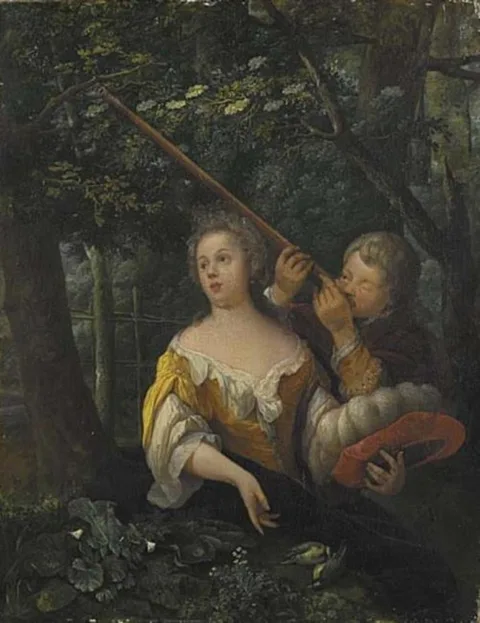 Eglon van der Neer, A Girl and a Boy Aiming at Birds with Pea-shooters