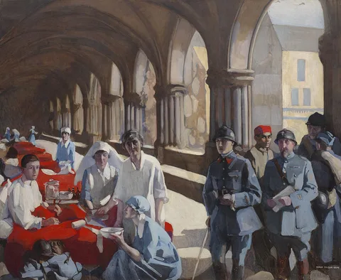 Norah Neilson Gray, The Scottish Women's Hospital: In the Cloister of the Abbaye at Royaumont, Dr Frances Ivens Inspects a French Patient