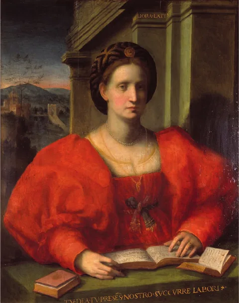 Domenico Puligo, Portrait of a Lady Reading a Music Book inscribed 'Petrarcha'