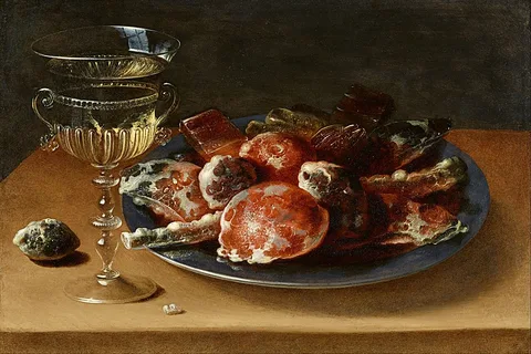 Osias Beert, Still Life of Sweets on a Pewter Plate and a Façon de Venise Wineglass on a Wooden Ledge