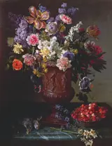 Alexandre-François Desportes, Flowers in a sculpted urn with a bowl of wild strawberries and hare on a ledge