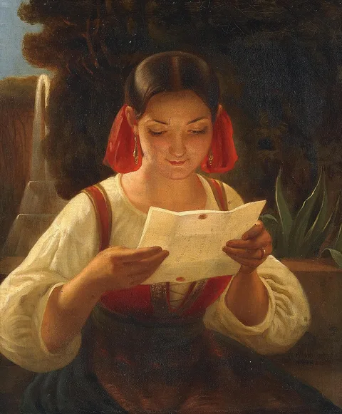 Theodor Hildebrandt, Italian woman reading a Letter