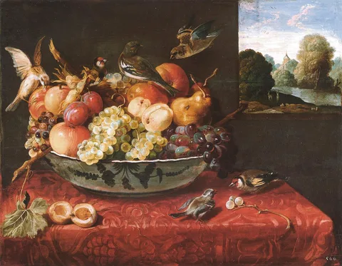 Juan van der Hamen, Still life with fruit bowl on a table and view of a landscape through an open window
