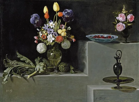 Juan van der Hamen, Still life with Artichokes, Flowers and glass Vessels