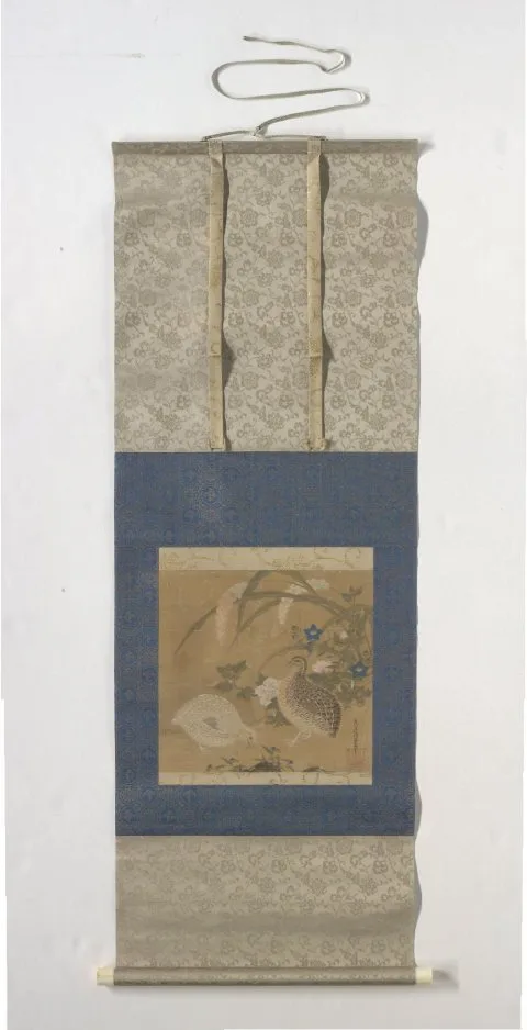Tosa Mitsuoki, Quails with a cricket, millet and flowers