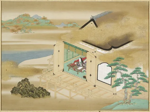 Tosa Mitsuoki, Landscape with Murasaki Shikibu writing at Ishiyamadera (Frontispiece to an album containing 54 illustrations and calligraphic excerpts from the Tale of Genji)