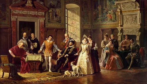 Luigi Mussini, Leonardo da Cutro and Ruy Lopez play chess at the Spanish Court