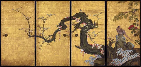 Kanō Sansetsu, Frolicking Birds in Plum and Willow Trees