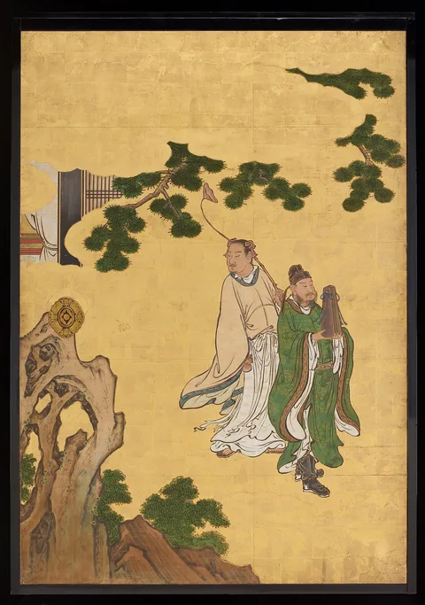 Kanō Sansetsu, Cao Guojiu (left) and Lan Caihe (right) [left of the set Daoist Immortals]
