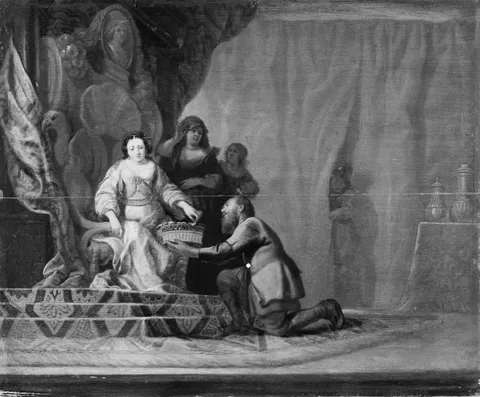 Willem de Poorter, A Peasant Handing a Fruit Basket to an Enthroned Woman