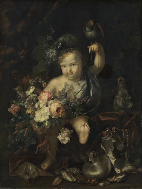 Herman van der Mijn, Cherub with Flowers and Parrot