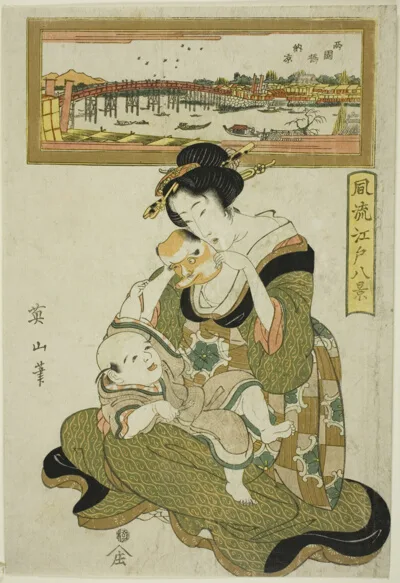 Kikukawa Eizan, Enjoying the Evening Cool at Ryogoku Bridge (Ryogokubashi noryo), from the series "Fashionable Eight Views of Edo (Furyu Edo hakkei)"