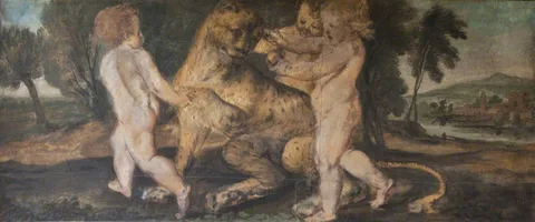 Francis Cleyn, Three Putti playing with a Leopard